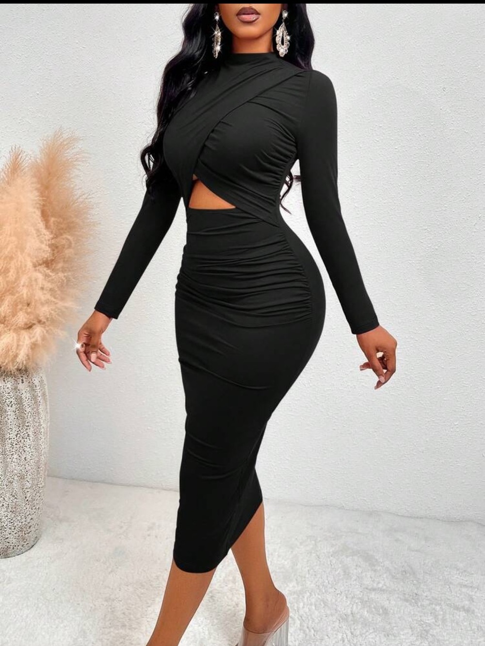 Black Cutout Ruched Bodycon Midi Dress